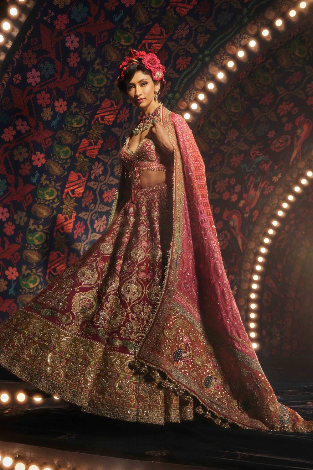 Rani Pink Lehenga with Floral and Avian Motifs