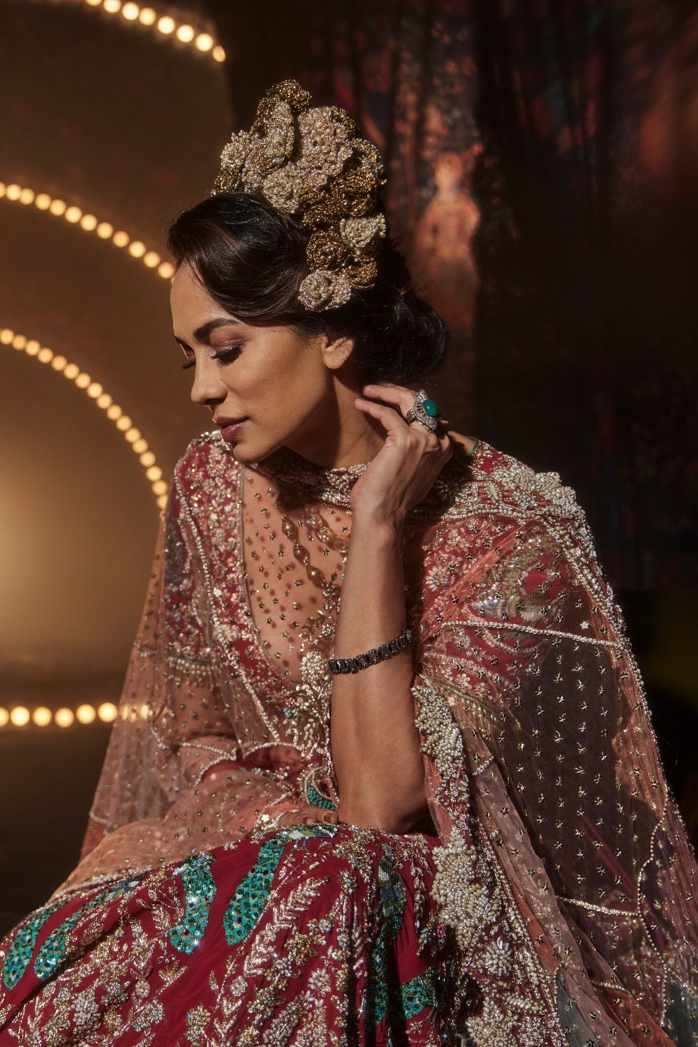 Pomegranate Lehenga with a Melange of Fauna Motifs