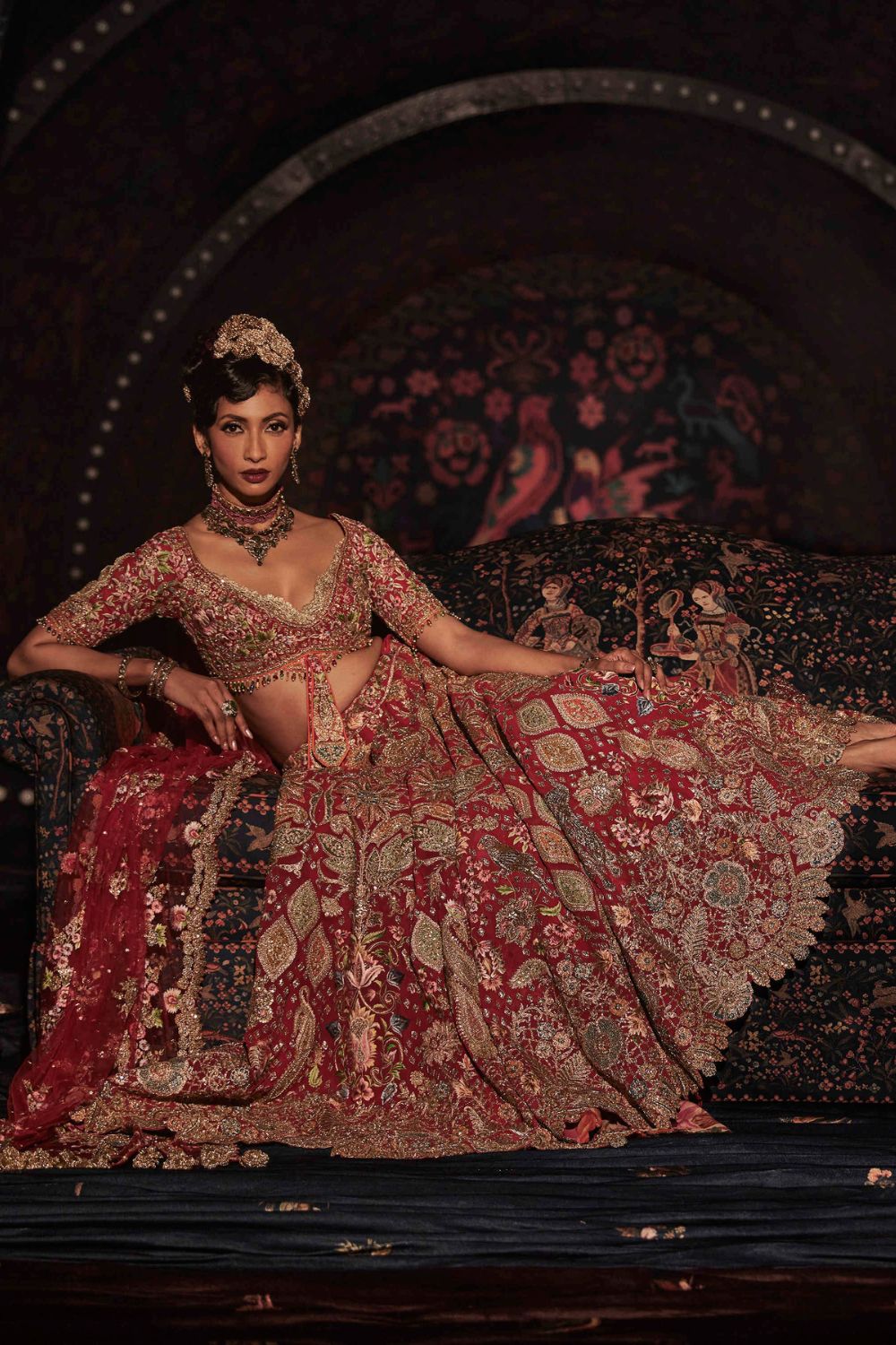 Deep Red Lehenga with Floral and Avian Motifs