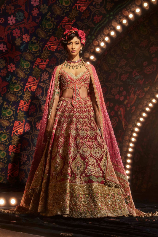 Rani Pink Lehenga with Floral and Avian Motifs