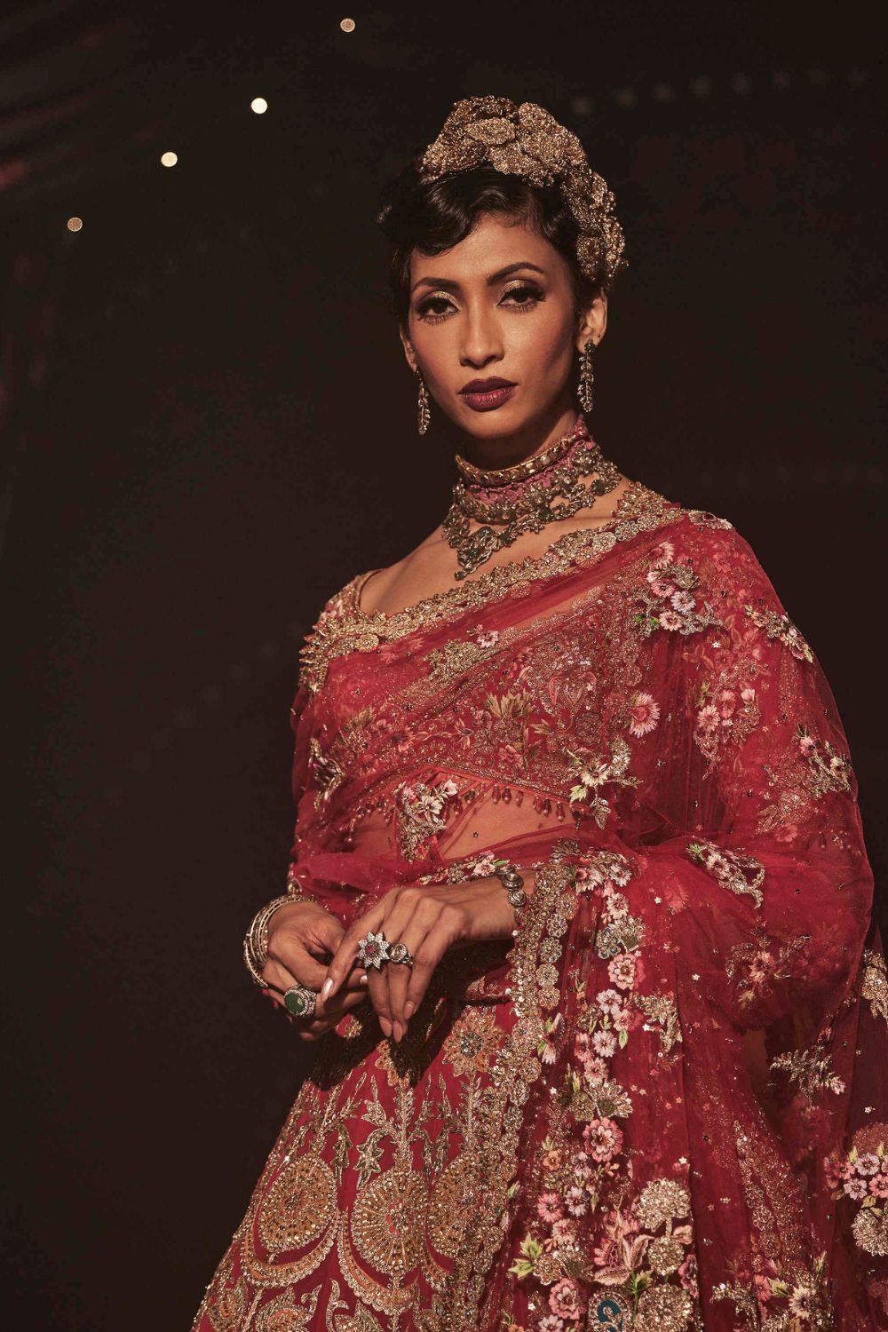 Deep Red Lehenga with Floral and Avian Motifs