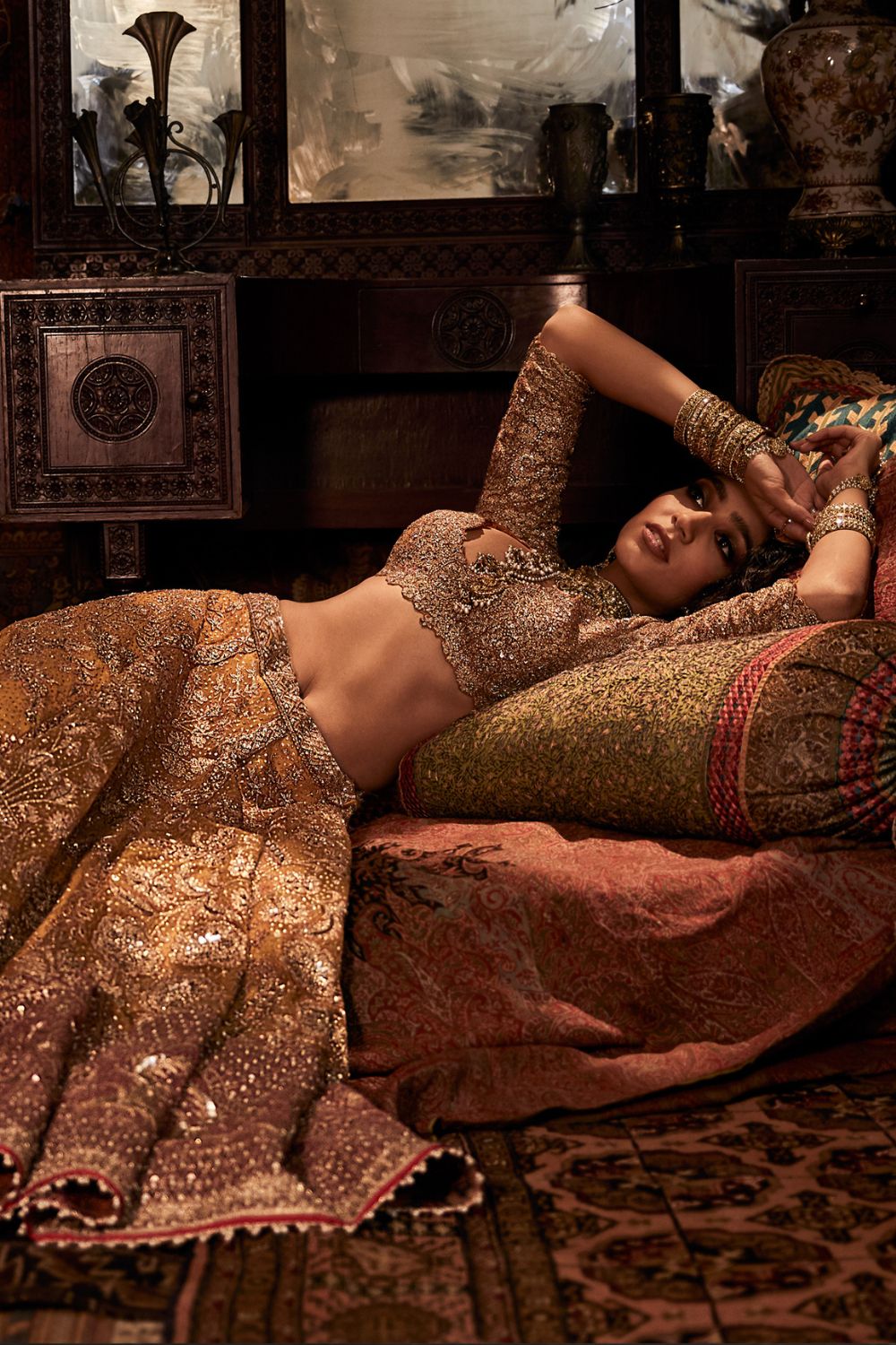 Mustard gold and earthy red Lehenga Set