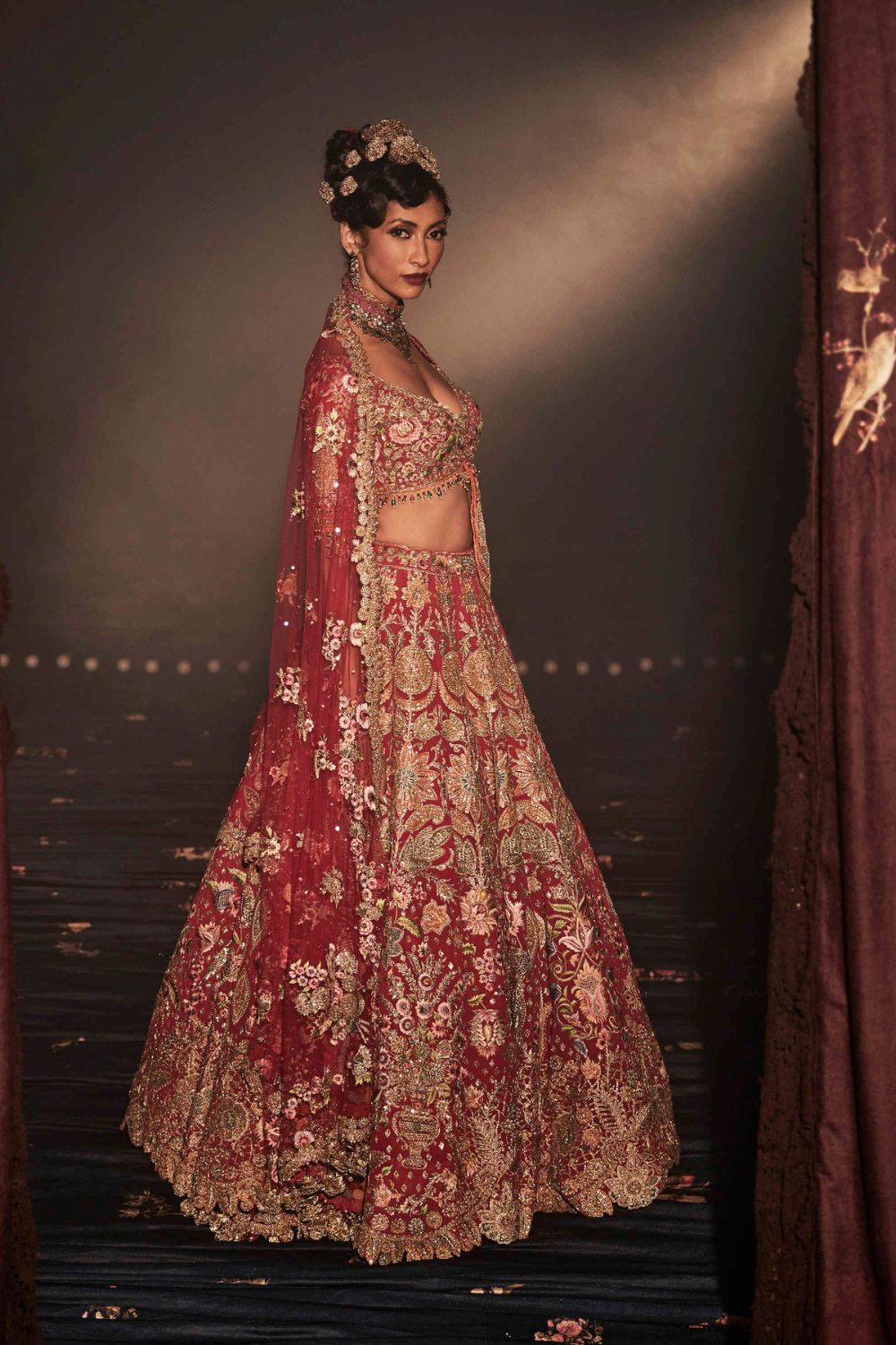 Deep Red Lehenga with Floral and Avian Motifs