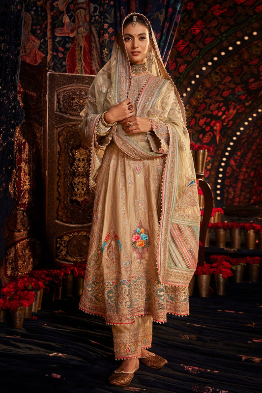Pale Khaki FLoral and Paisley Kalidar Kurta Set