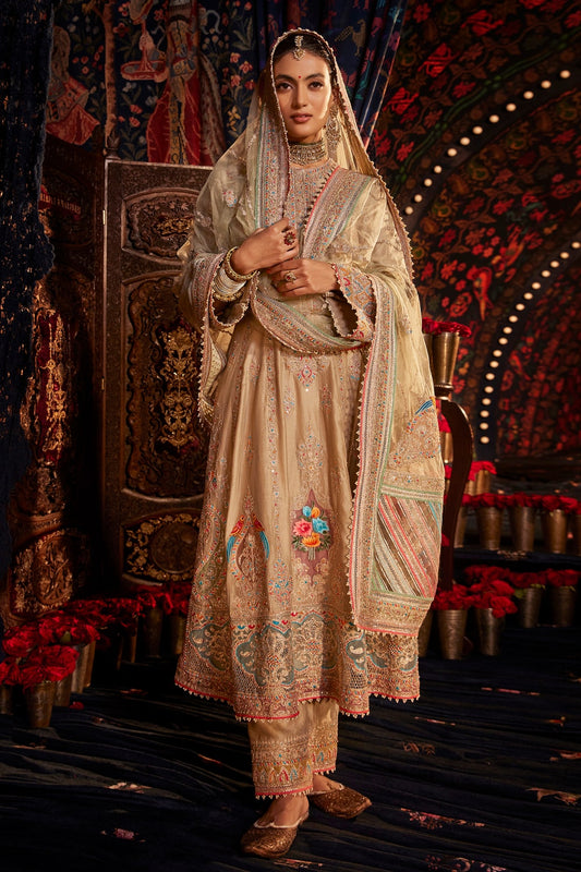 Pale Khaki FLoral and Paisley Kalidar Kurta Set