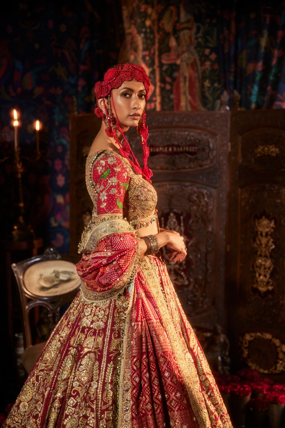 Pomegranate Lehenga with Peacocks and Floral Bouquets