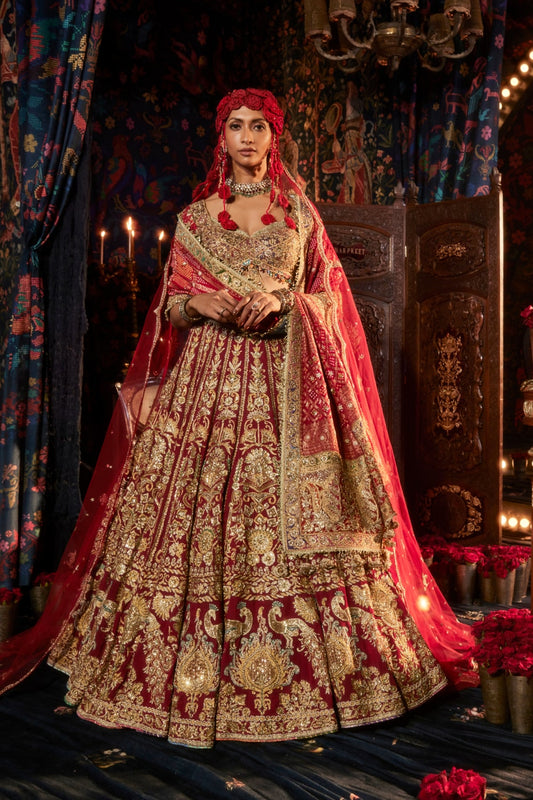 Pomegranate Lehenga with Peacocks and Floral Bouquets