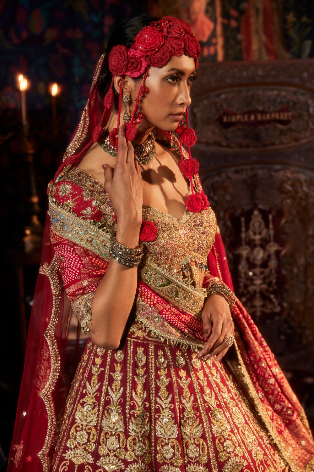 Pomegranate Lehenga  with Peacocks and Floral Bouquets