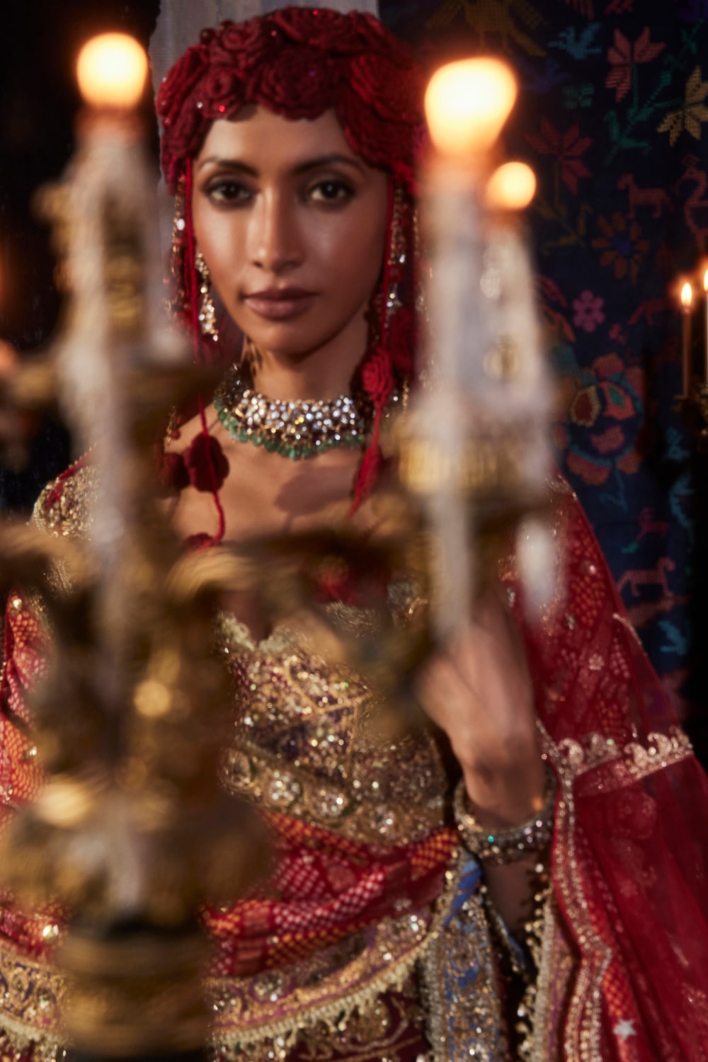 Pomegranate Lehenga  with Peacocks and Floral Bouquets