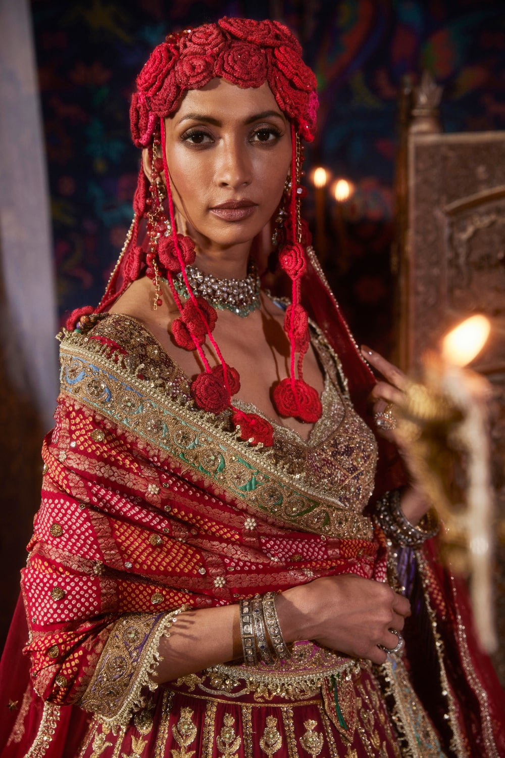 Pomegranate Lehenga  with Peacocks and Floral Bouquets