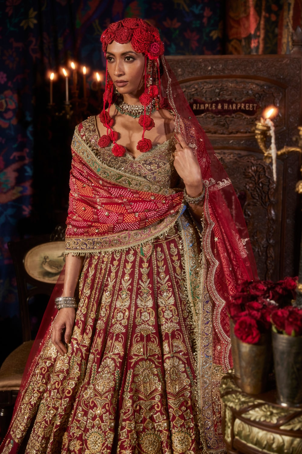 Pomegranate Lehenga  with Peacocks and Floral Bouquets