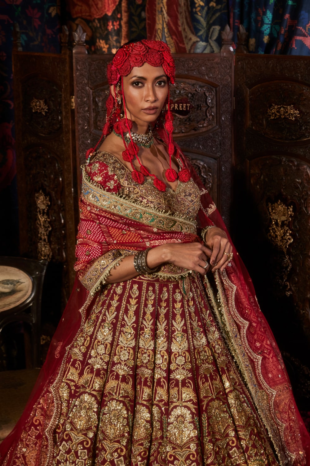 Pomegranate Lehenga  with Peacocks and Floral Bouquets