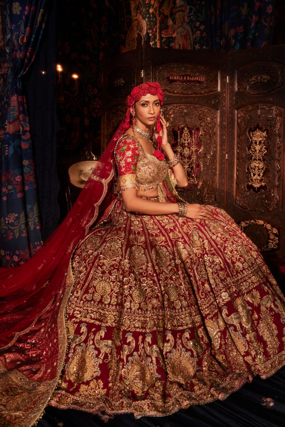 Pomegranate Lehenga  with Peacocks and Floral Bouquets